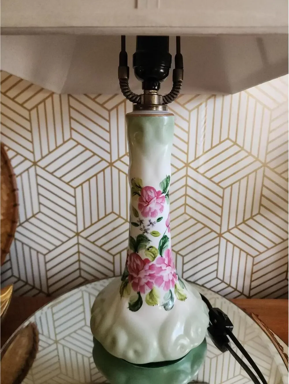 Vintage Ceramic Green Floral Table Lamp With Square Green Shade Cottage Core